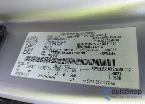 2018 Ford F-150 Xlt из США, поврежденный, VIN 1FTEW1EP3JFB34130